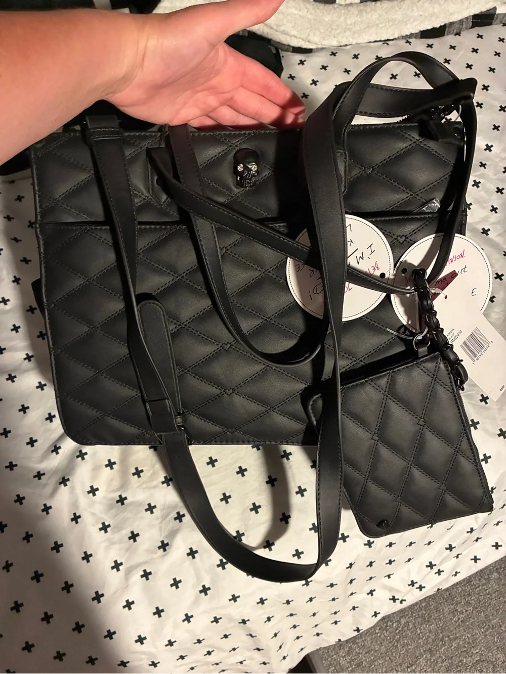 Betsey Johnson Halloween Black Quilted Skull hearts Purse Bag with wallet pouch